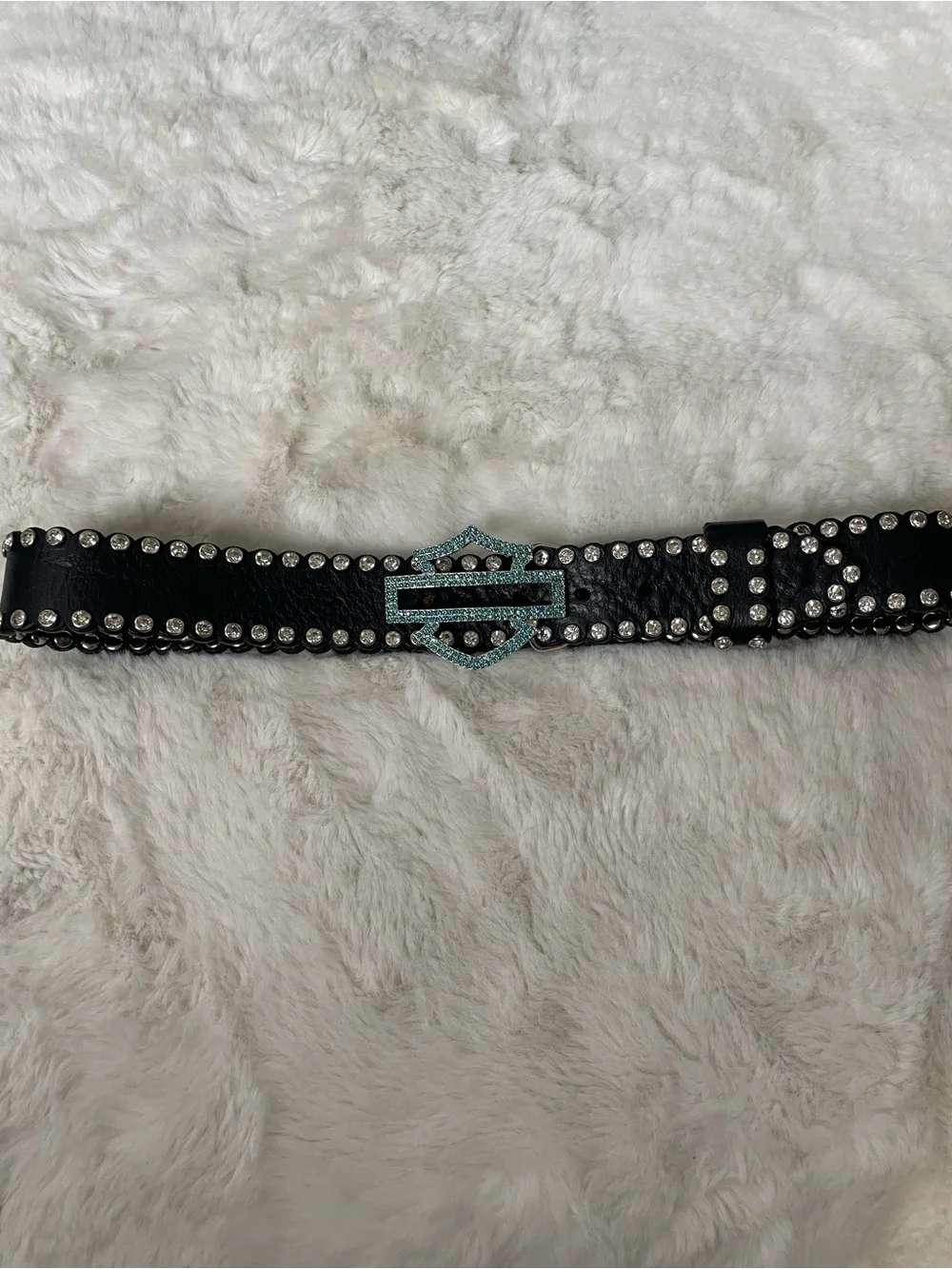 Harley-Davidson Black Leather Belt with Teal Crystal Buckle